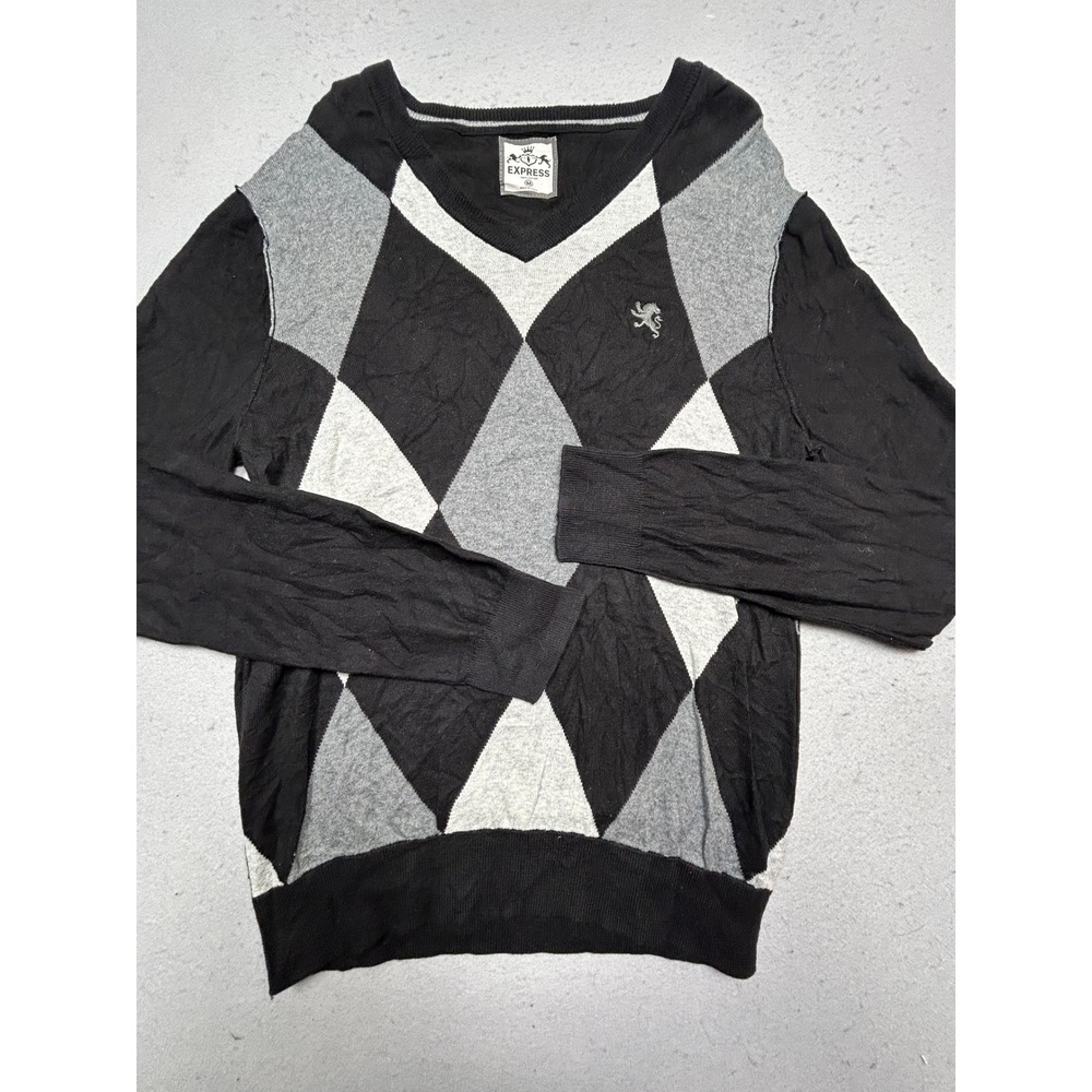 Express Sweater 100% Cotton Argyle Black Grey White Medium Mens